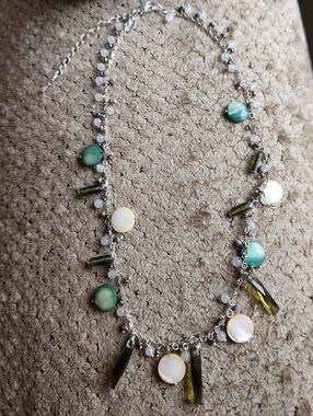 Lia Sophia Silver Necklace with Green Glass and Cream Shell Discs